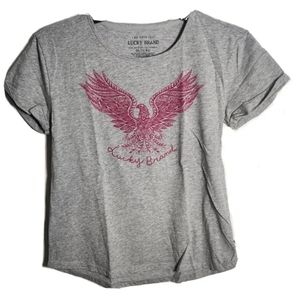 Lucky Brand Girls' T-Shirt X-Large Gray Pink Graphic Rounded Hem Back To School